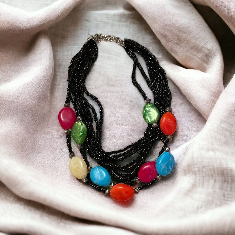 Colorful Beaded Silver Tone Multi-Strand Necklace